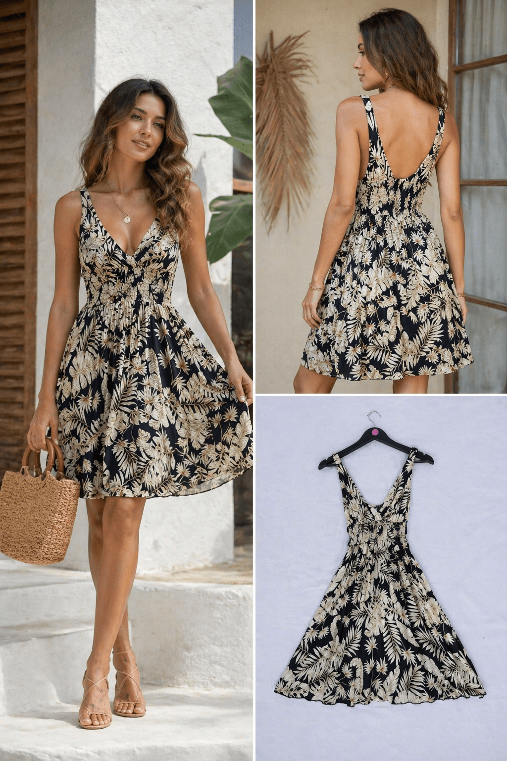 Beige Black Tropical Dress